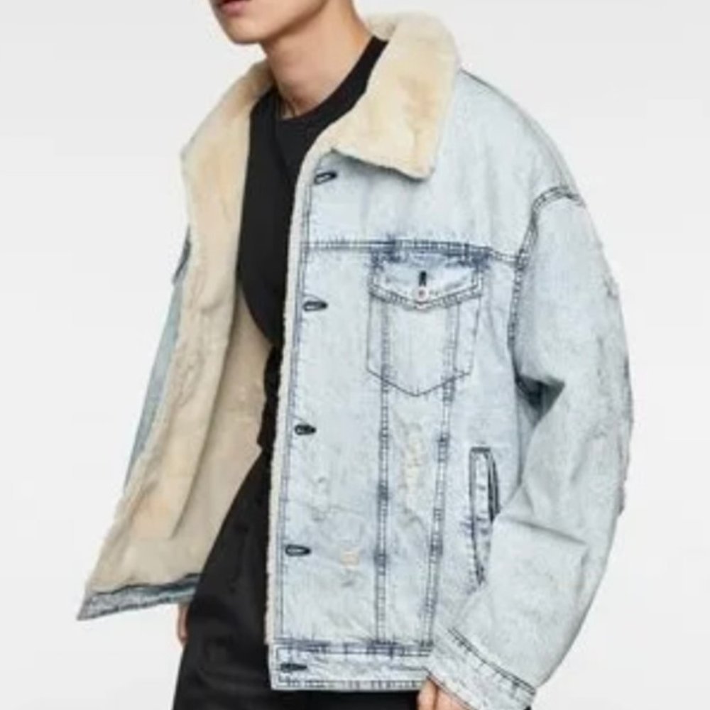 Zara Men's Denim Faux Fur Jacket Size Large